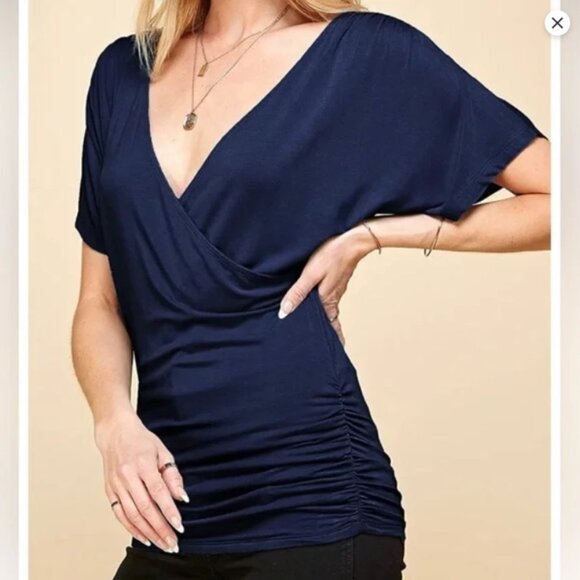 Made by Johnny Wrap Top Size XL Navy Blue Bat Wing Sleeves Side Rouching - Picture 2 of 9